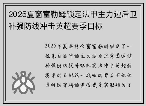 2025夏窗富勒姆锁定法甲主力边后卫补强防线冲击英超赛季目标